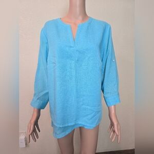 Fridaze Womens 100% Linen Top Lagenlook Tunic Boho Asymmetrical Blue Size Small